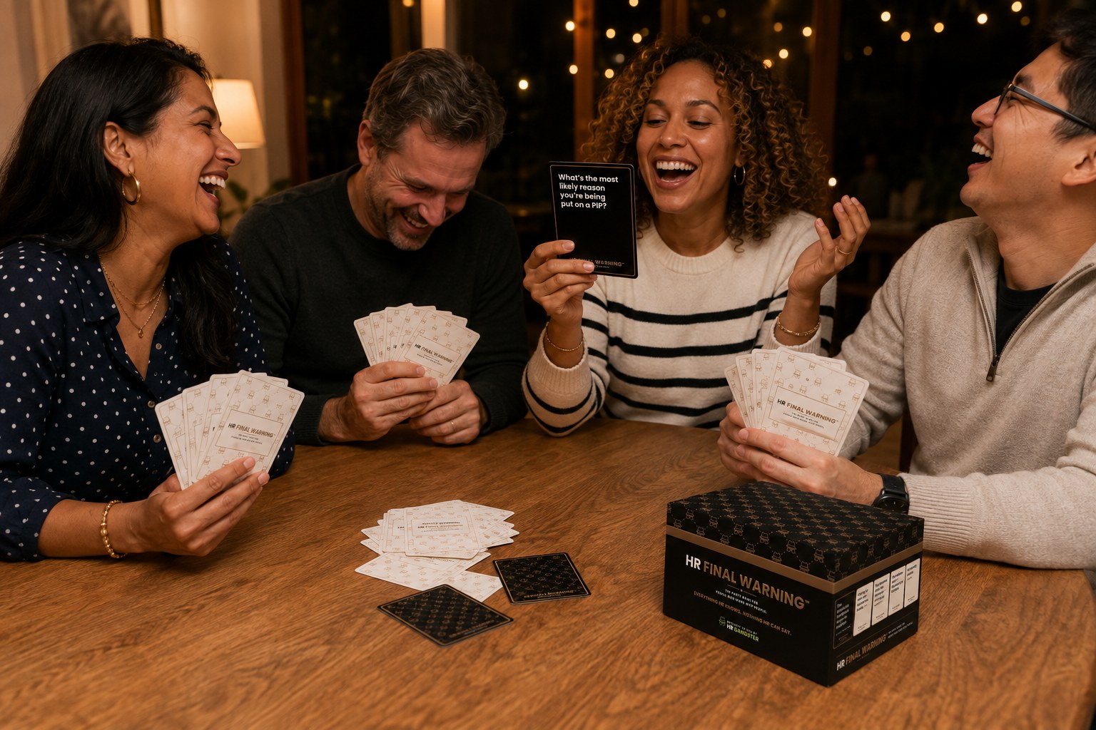 A group playing HR Final Warning around a table, laughing at a black prompt card